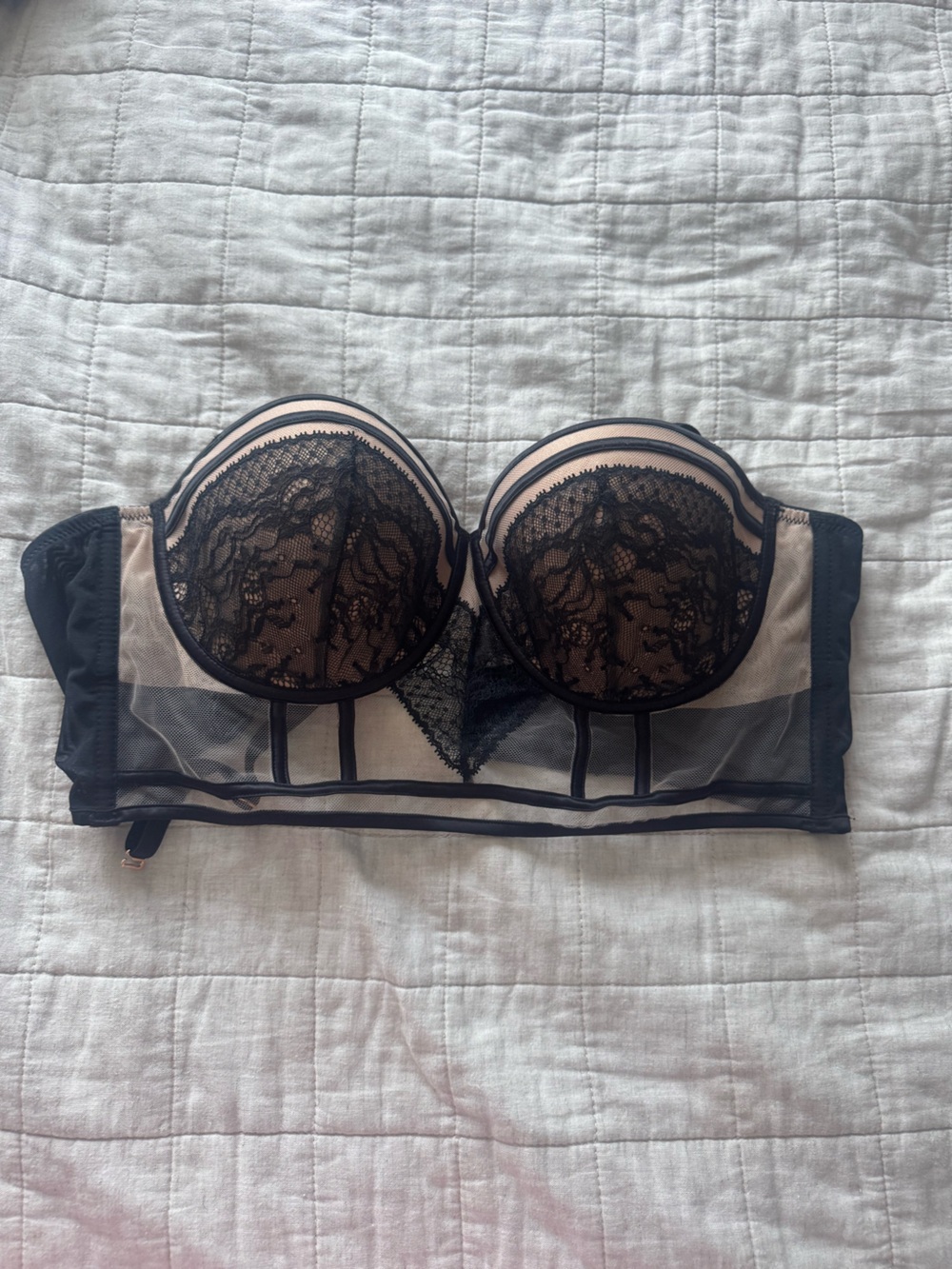 intimissimi Black Lace Longline Strapless Bra with Nude Underlay